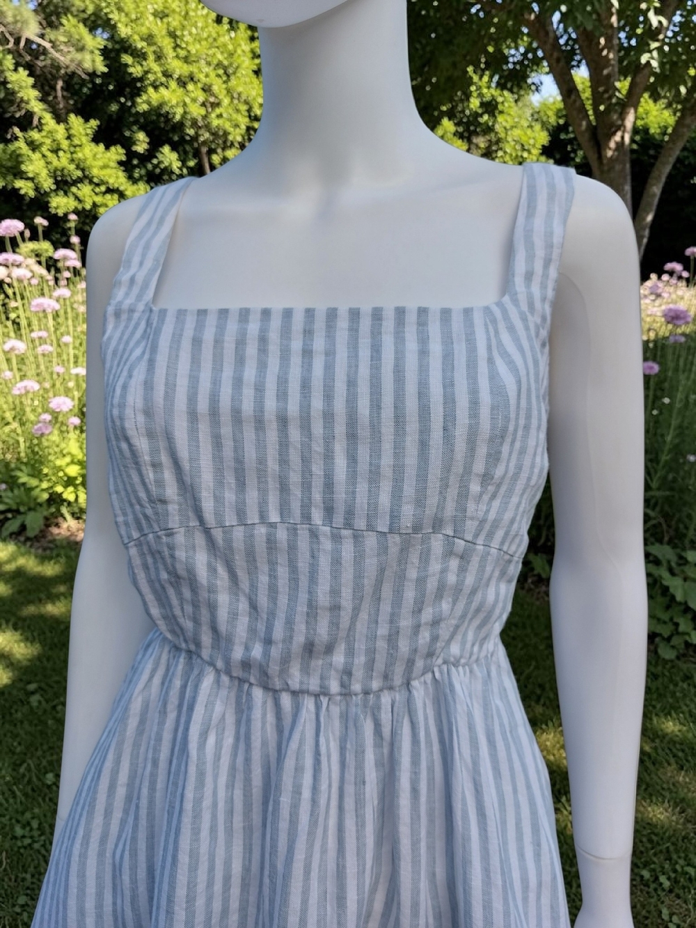 Quince 100% European Linen Fit & Flare Midi Dress Sky Blue Mariner Stripe S NWT - Picture 2 of 16